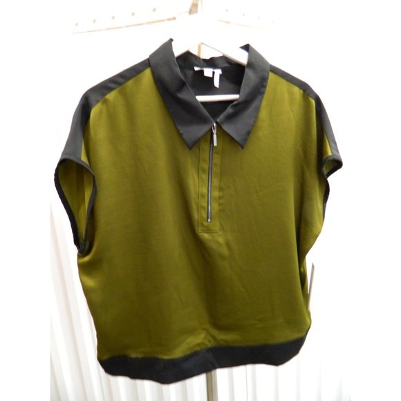 DKNY Womens Olive & Black Colorblock Satin Look Zip-Front Blouse Size L 100%Poly - Picture 4 of 11